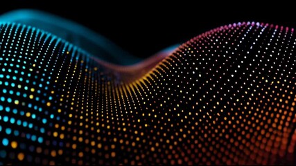 A dynamic abstract wave made small glowing dots in blue orange and purple tones flowing across a dark field suggesting digital energy and data motion - Powered by Adobe