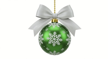 Green christmas ornament with snowflake pattern and silver bow