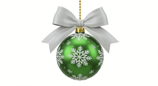 Green christmas ornament with snowflake pattern and silver bow