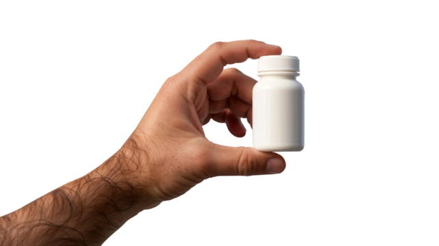 Hand holding white plastic pill bottle isolated on transparent background