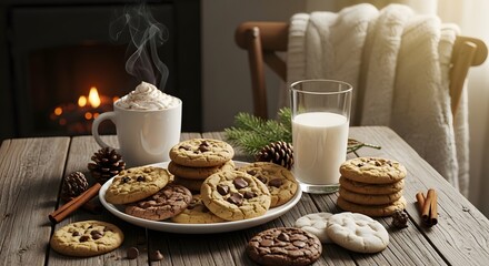 Cozy winter treat warm cocoa cookies and milk by fireplace