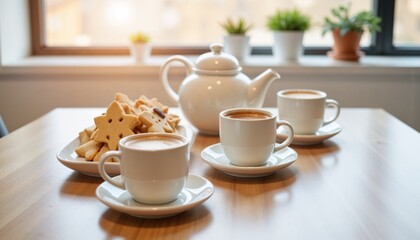 Obraz premium Cozy office coffee break with white cups, teapot and festive star-shaped cookies on a wooden table in bright workspace