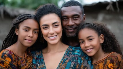 Family enjoys a joyful moment outdoors in traditional clothing with vibrant patterns on a sunny day