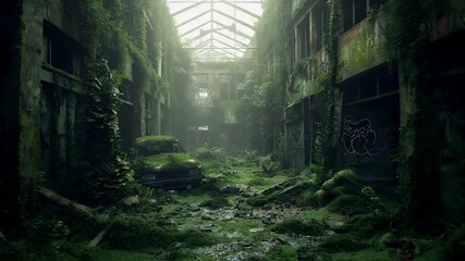 Destroyed ruins abandoned buildings apocalypse scene of city. A vivid portrayal of a dilapidated urban environment, bathed in a lush green hue. The architecture is characterized by peeling paint.