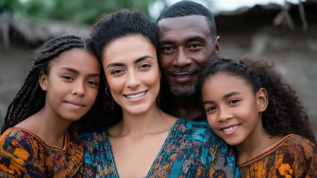 Family enjoys a joyful moment outdoors in traditional clothing with vibrant patterns on a sunny day