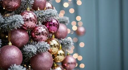 Closeup of a decorated christmas tree with pink and gold baubles and twinkling lights