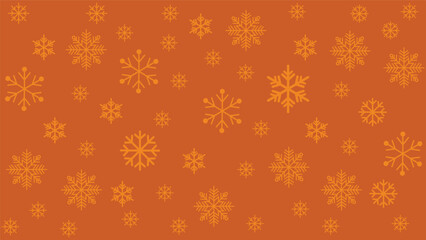 Seamless winter background featuring various sizes of scattered dark yellow snowflakes on a orange background. Simple and cold-toned vector pattern ideal for Christmas, New Year, holiday promotions.