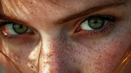 Emotional gaze from hazel eyes with catchlight and detailed skin texture 