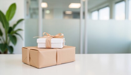 Minimalist holiday gift boxes with neutral wrapping and beige ribbon on a clean white office table in a modern workspace