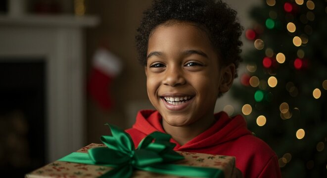 A smiling young boy in a red hoodie holds a christmas gift in front of a decorated tree and fireplace