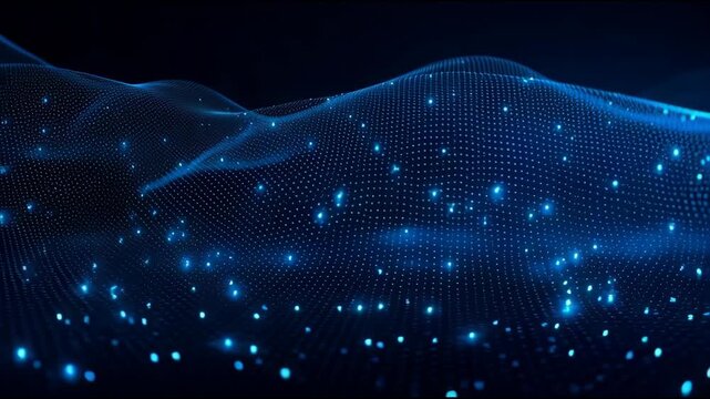 Blue wave digital light abstract network points and mesh flowing energy and data stream futuristic technology background