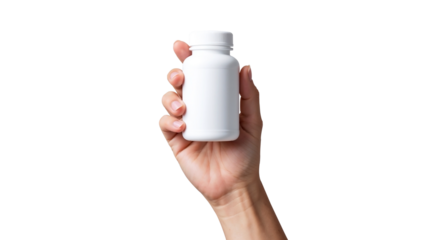 Hand holding white plastic pill bottle isolated on transparent background