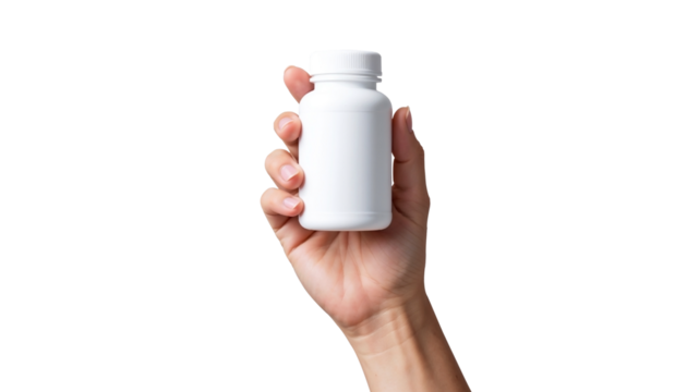 Hand holding white plastic pill bottle isolated on transparent background
