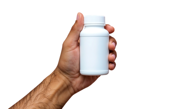 Hand holding white plastic pill bottle isolated on transparent background - Powered by Adobe