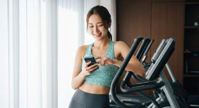 Young Asian woman smiling and checking her phone after her workout in a bright modern gym during daytime