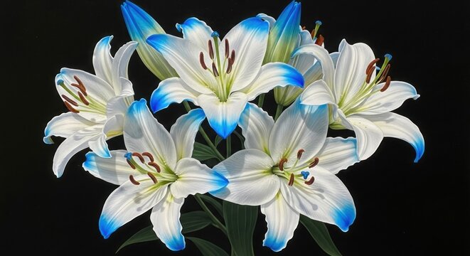 Elegant white lilies with blue tips blooming against a dark backdrop create a striking floral arrangement, evoking feelings of serenity and beauty.