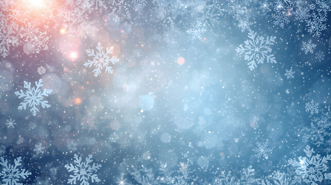 Abstract Christmas background with falling snowflakes and glowing winter lights