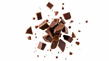 Rich chocolate pieces flying in air create dynamic and appetizing scene, perfect for dessert lovers and culinary enthusiasts