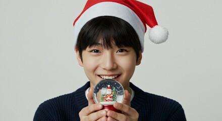 Young boy wearing a santa hat holding a snow globe