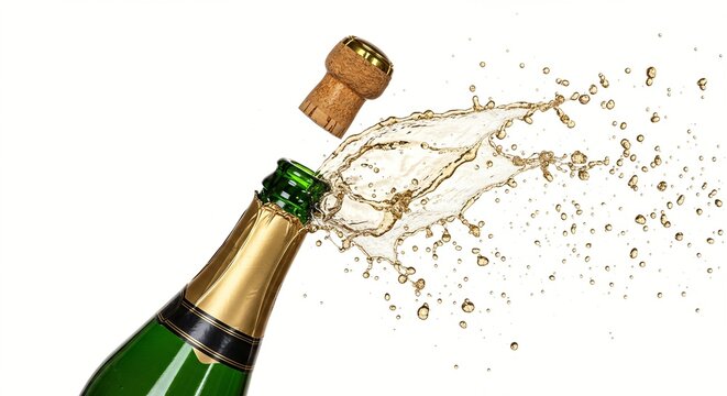 Champagne bottle cork popping with splash of bubbly liquid