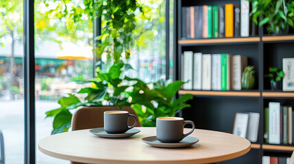 Cozy coffee shop scene featuring two cups of coffee wooden table, surrounded by lush greenery and bookshelves. atmosphere is inviting and serene