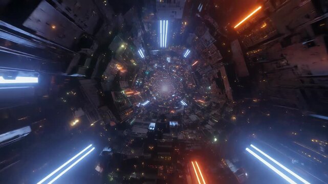 Abstract city tunnel with glowing neon lines and stacked rectangular blocks creating a deep sci fi abyss futuristic corridor leading to distant light mood exploration and energy