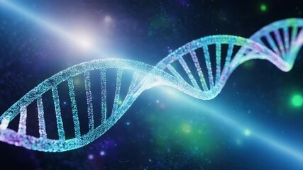 Vibrant abstract DNA strand curls through a dark blue space featuring glowing particles and a luminous light beam conveying science genetics and innovation - Powered by Adobe