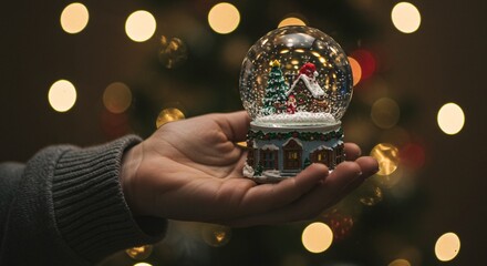 Hand holding a festive snow globe with a miniature house and christmas tree inside, bokeh lights background