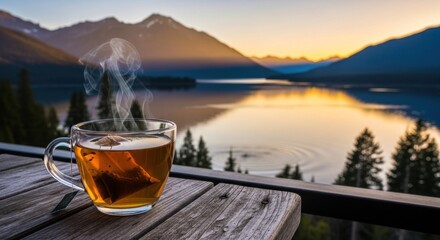 Steaming cup of tea sits on wooden table overlooking serene lake and mountains at sunrise, creating a peaceful and calming atmosphere.