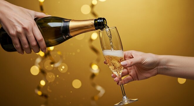 Champagne being poured into a flute glass with golden bokeh background and confetti