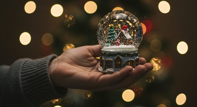 Hand holding a festive snow globe with a miniature house and christmas tree inside, bokeh lights background