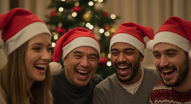A diverse group of friends and family wearing santa hats laugh together during a christmas celebration