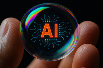 Abstract concept intelligence with digital circuitry motif and futuristic glow held in fingers