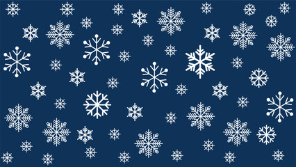 Seamless winter background featuring various sizes of scattered dark blue snowflakes on a blue background. Simple and cold-toned vector pattern ideal for Christmas, New Year, holiday promotions.