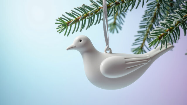White bird ornament hangs delicately from frosted evergreen branch, creating serene and festive atmosphere - Powered by Adobe