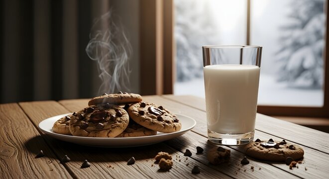 Warm chocolate chip cookies and cold milk by a winter window view