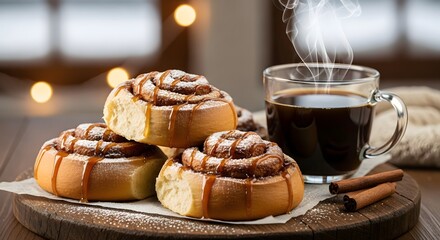 Warm cinnamon rolls with caramel drizzle and hot coffee