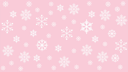 Seamless winter background featuring various sizes of scattered white blue snowflakes on a pink background. Simple and cold-toned vector pattern ideal for Christmas, New Year, holiday promotions.