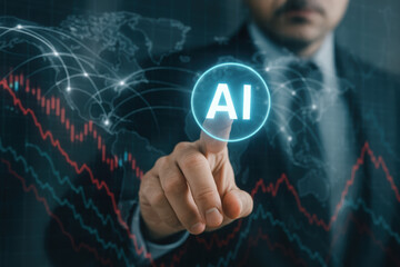 Business concept showing AI influence on market trends with a forward pointing touching a glowing AI bubble amid digital graphs and a world map background depicting technology