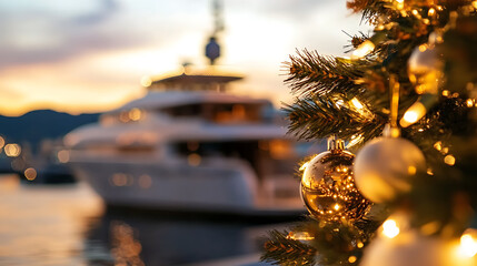 A festive Christmas tree with ornaments stands against the backdrop of a luxurious yacht at sunset, blending holiday cheer with upscale nautical ambiance. 179 characters.