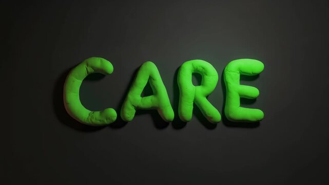 Vibrant green sculpted text forming the word 'CARE' with gentle lighting and volumetric appeal