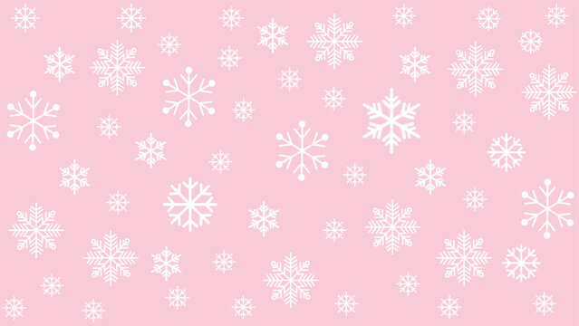 Seamless winter background featuring various sizes of scattered white blue snowflakes on a pink background. Simple and cold-toned vector pattern ideal for Christmas, New Year, holiday promotions.