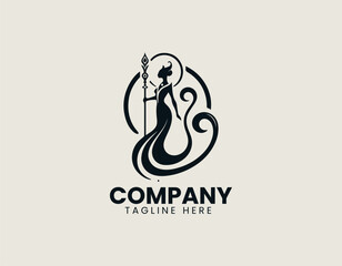 Fototapeta premium Mystic cat warrior goddess stands gracefully presenting strong divine identity in elegant logo design