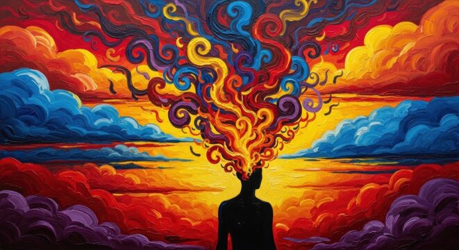 Silhouette of person releases colorful swirls of energy into vibrant sky, representing creativity and imagination in a surreal and dreamlike scene.