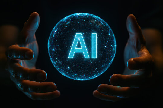 Digital sphere with connected network and the letters AI encircled by glowing light in a pair hands futuristic concept artificial intelligence and technology