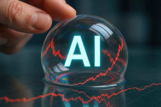 Crystal ball reflects AI concept with glowing AI text inside and rising red data curves in front glass sphere