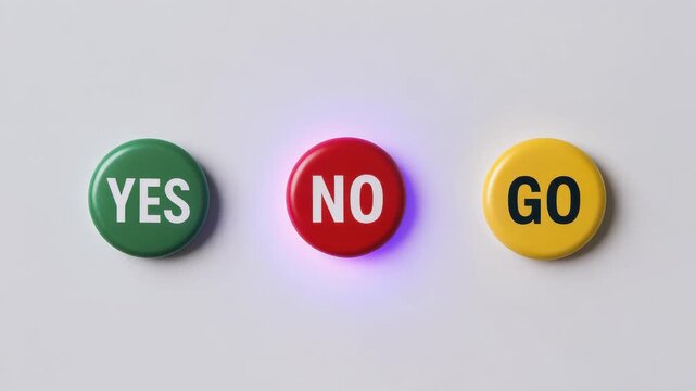 A hand points to a red button labeled NO among green YES and yellow GO buttons on a white board conveying a decision moment and choice