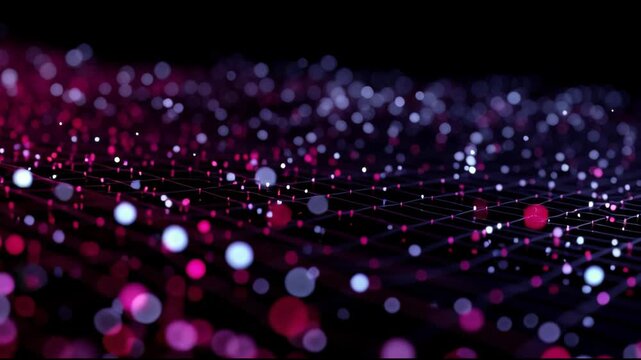 Abstract digital network luminous pink and purple dots on a dark background forming a connected grid points and lines with a futuristic energetic mood