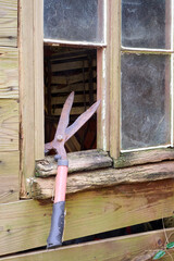 grass scissors and cabin window