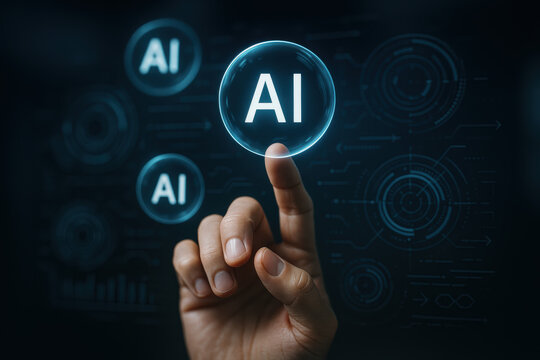 Futuristic AI concept with a hand reaching toward a glowing AI floating orbs labeled AI high-tech digital interface holographic design and glowing blue visual elements suggesting